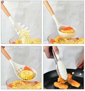 Detalle de utensilio de cocina de silicona con mango de madera resistente al calor.