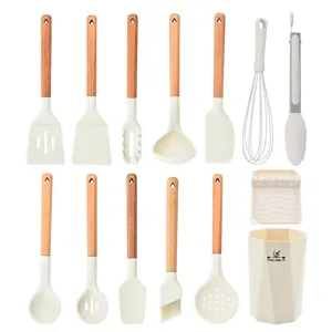 Silicone Kitchen Utensils Set With Wooden Handle Heat Resistant Cooking Spatula Soup Spoon Kitchen Tools Set Home Cookware