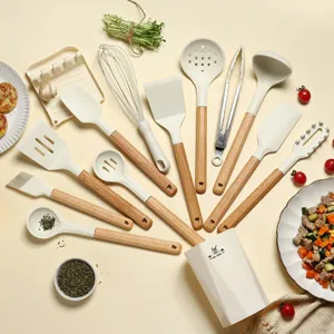 Silicone kitchen utensils set 13 pieces with wooden handles heat resistant cooking tools holder
