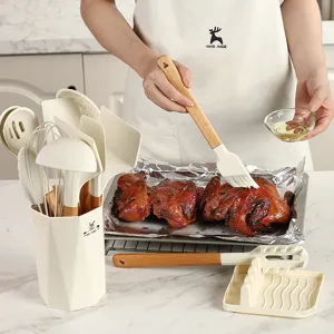 Silicone kitchen utensils set with wooden handle 13 pieces cooking tools spatula holder