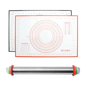 Silicone baking pastry mat with measurement scales and adjustable stainless steel rolling pin