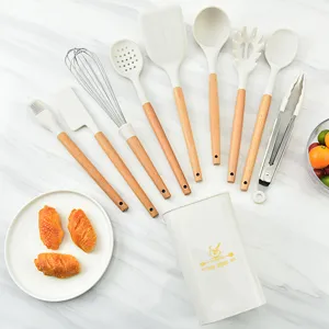 Juego de Utensilios de Cocina de Silicona Mango de Madera Resistente al Calor Juego de Herramientas de Cocina Antiadherentes Con Cubo de Almacenamiento Para Cocina Casera