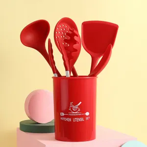 Set di utensili da cucina in silicone 6 pezzi con supporto di conservazione rosso