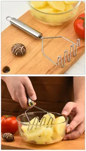 Stainless steel potato masher with wavy design for efficient kitchen food mashing and prep.
