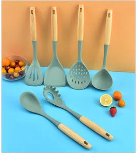 Wooden handle silicone kitchen utensils detail view, set of 6 cooking tools for home use.