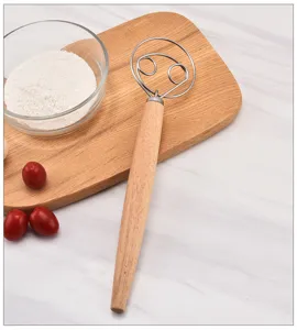 Stainless steel Danish dough whisk with ergonomic wooden handle for fast bread baking tool.