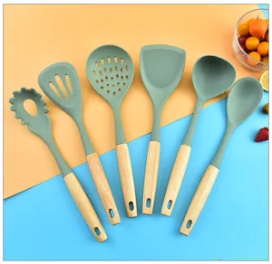 Wooden handle silicone kitchen utensils 6-piece set for cooking spatula and soup spoon