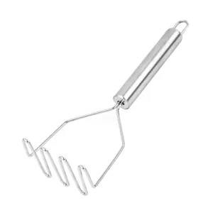 Stainless steel potato masher with wave wire head and steel handle for kitchen cooking.