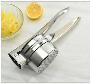 Presse-purée en acier inoxydable et juicer manuel de fruits, détail accessoire cuisine.