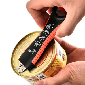 Stainless steel 5-in-1 multi-functional can opener, bottle opener and jar lid twist gripper.
