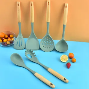 Silicone Kitchen Utensils Wooden Handle Cooking Tools Spatula Ladle Heat Resistant Kitchen Gadgets