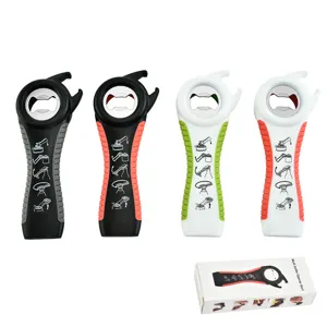 Multi-function 5-in-1 bottle opener and jar opener tool with ergonomic handle and box.
