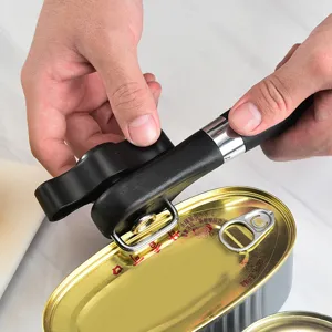 Edelstahl Dosenöffner manuell mit ergonomischem schwarzem Griff zum leichten Öffnen von Dosen.