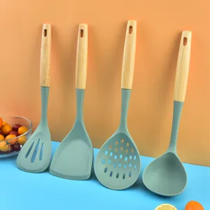 Silicone kitchen utensils set with wooden handles non-stick cooking tools main view