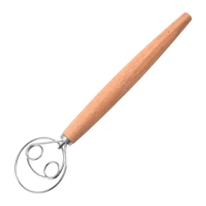 Stainless steel dough whisk with wooden handle, professional baking tool for kitchen flour mixing.