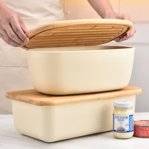 Grosse Kapazitaet Kunststoff Brot Aufbewahrungsbox mit Holzedeckel Kuechenbehaelter