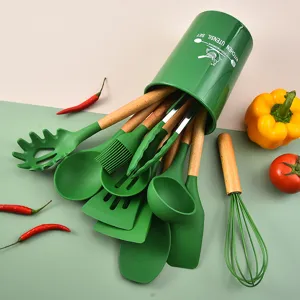 Grün Silikon Küchenutensilien Set mit Holzgriff Hitzebeständige Kochwerkzeuge Pfannenwender Suppenlöffel Mit Aufbewahrungseimer