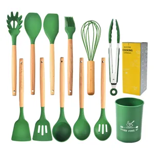 Silikon Küchenhelfer Set 12 tlg grün mit Holzgriffen und praktischem Aufbewahrungsbehälter.