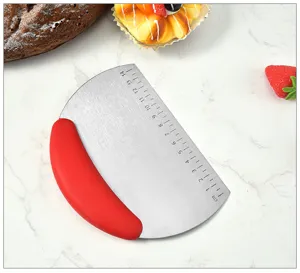 Stainless steel dough scraper with red plastic handle and clear scale markings for baking.