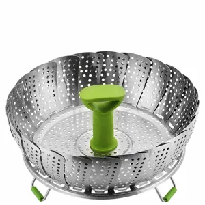 Cestello per cottura a vapore pieghevole in acciaio inossidabile con manico in silicone.