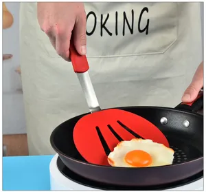 Red silicone spatula with stainless steel handle for cooking, kitchen frying pan tool