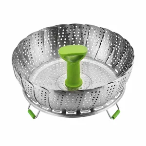 Cestello per cottura al vapore pieghevole in acciaio inox con manico in silicone per verdure.