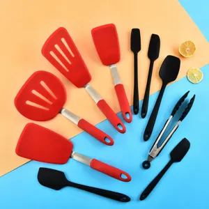 Silicone kitchen utensil set, non-stick spatulas, spoons and tongs for cooking tools.