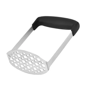 Stainless steel potato masher with ergonomic black handle for kitchen cooking tools.