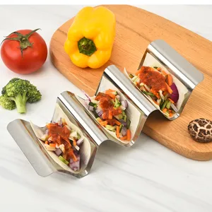Stainless steel taco holder stand for hard and soft shell tacos, kitchen cooking tool display.