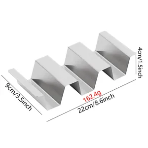 Stainless steel taco holder detail view showing exact dimensions and solid structure.