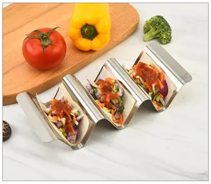 Stainless steel taco holder stand for hard or soft shells, kitchen taco rack display tool.