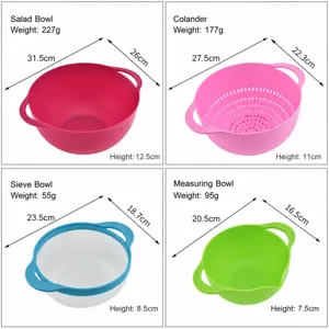 Plastic kitchen mixing bowl colander sieve and measuring bowl set 4 pieces colorful