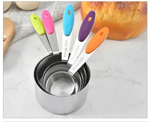 Edelstahl Messbecher Detailaufnahme, bunte Silikongriffe mit klarer und präziser Skala.