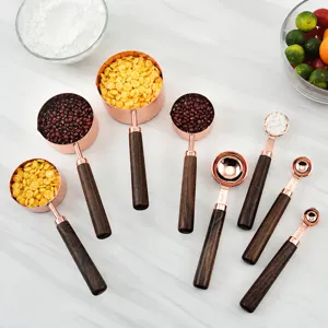 Rose Gold Stainless Steel Measuring Spoons And Cups Set Walnut Wood Handle Baking Kitchen Tools For Cooking