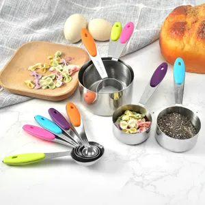 Edelstahl Messbecher und Löffel Set mit bunten Silikongriffen Backen Messwerkzeuge Küchenutensilien