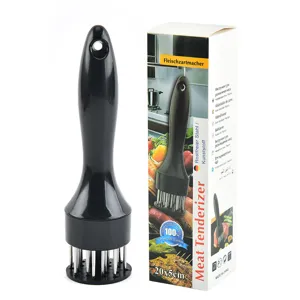 Stainless steel meat tenderizer tool with 20 needles and ergonomic handle for kitchen cooking.