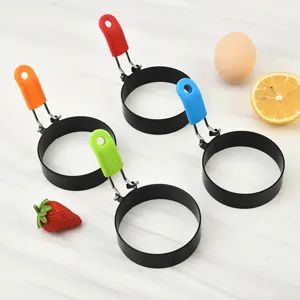 Stainless Steel Fried Egg Mold Round Omelet Maker with Folding Silicone Handle Breakfast Cooking Tool for Kitchen