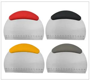 Stainless steel dough scraper detail view, 14cm ruler and colorful plastic handle.
