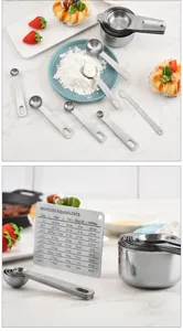 Stainless steel measuring cups and spoons set with conversion chart for baking cooking tools
