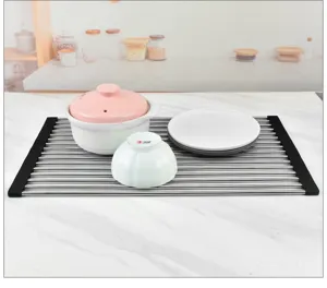 Escurridor de platos enrollable de acero inoxidable estera de drenaje plegable cocina