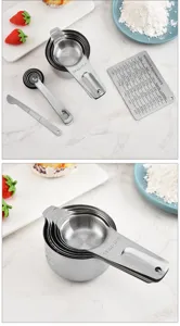 Stainless steel measuring cups and spoons set with unit conversion chart for baking kitchen use.