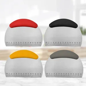 Stainless steel dough scraper with colorful handle and scale for kitchen baking tools.