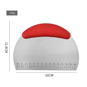 Professional stainless steel dough scraper with red plastic handle and size scale 16x11.8cm