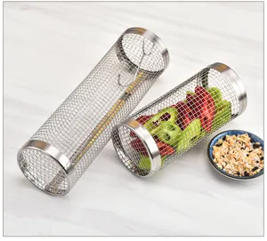 Detailed view of stainless steel rolling grill baskets for outdoor BBQ cooking and vegetable roasting.