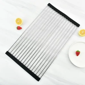 Escurridor de Platos de Acero Inoxidable Enrollable Organizador de Fregadero Plegable con Bordes de Silicona