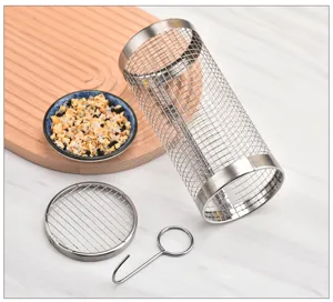 Stainless steel rolling grill basket with hook and lid for outdoor BBQ and vegetable roasting.