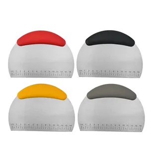 Stainless steel dough scraper with colorful handle and measurement scale for baking.