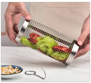 Stainless steel rolling BBQ grill basket for outdoor camping vegetable meat cooking cylinder