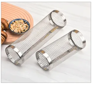 Detailed view of the stainless steel rolling grill basket mesh cylinder for outdoor barbecue tools.