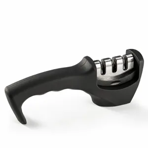 Kitchen knife sharpener with 3 slots and ergonomic black handle for fast manual sharpening.